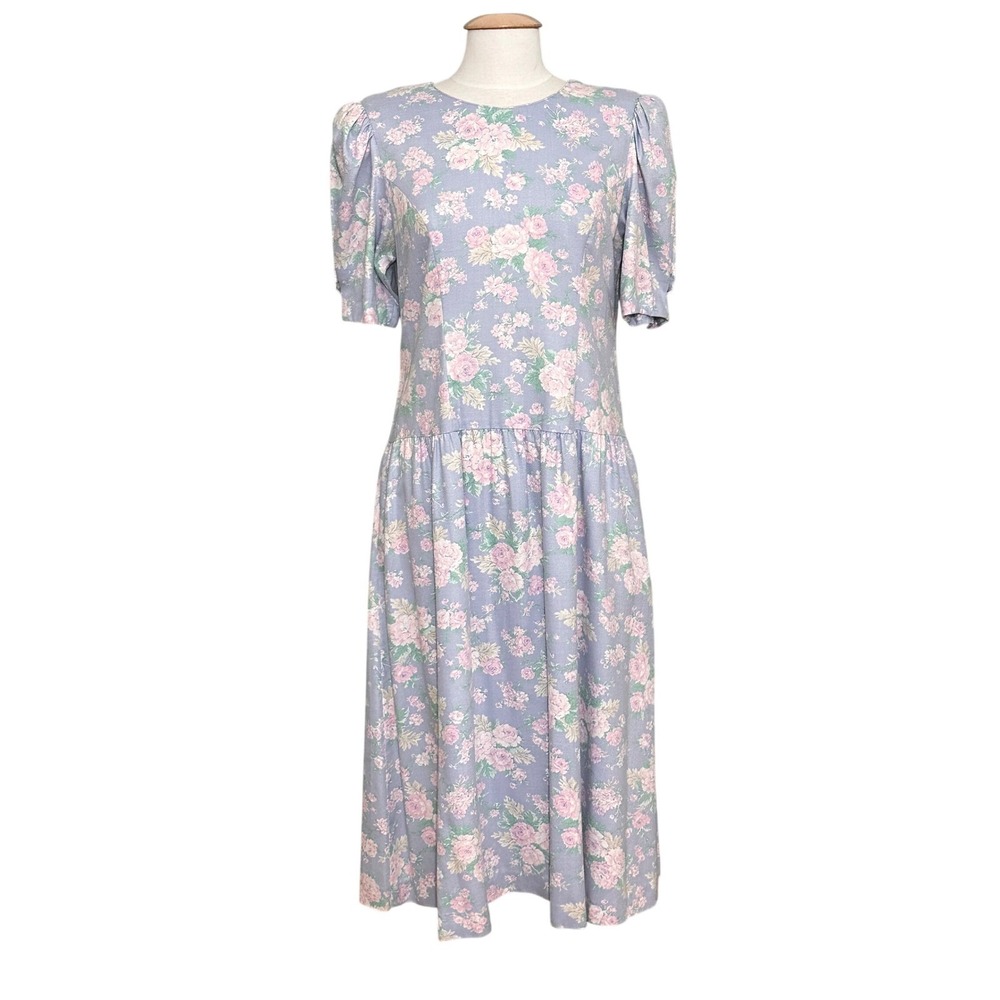 VTG‎ Lanz Originals Womens Dress L Blue Floral Puff Sleeve Prairie Cottagecore